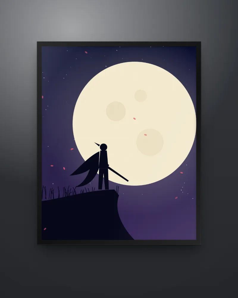 Framed art of a lone figure under a large moon